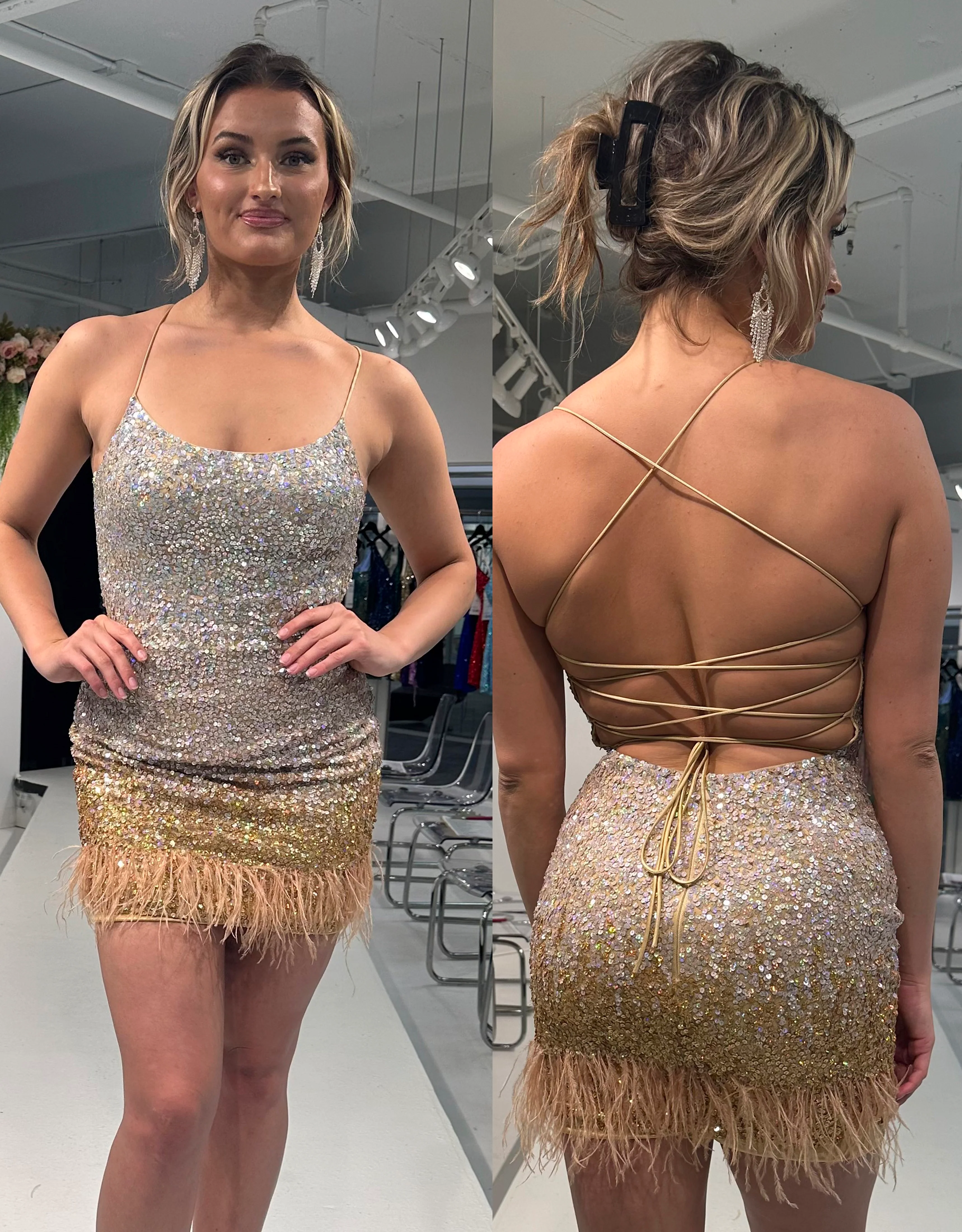 Primavera Couture 4023 Ombre Cocktail Dress Spaghetti Strap Scoop Neck Sequin Feather Detail Open Tie Back Short Homecoming Dress - Image 6
