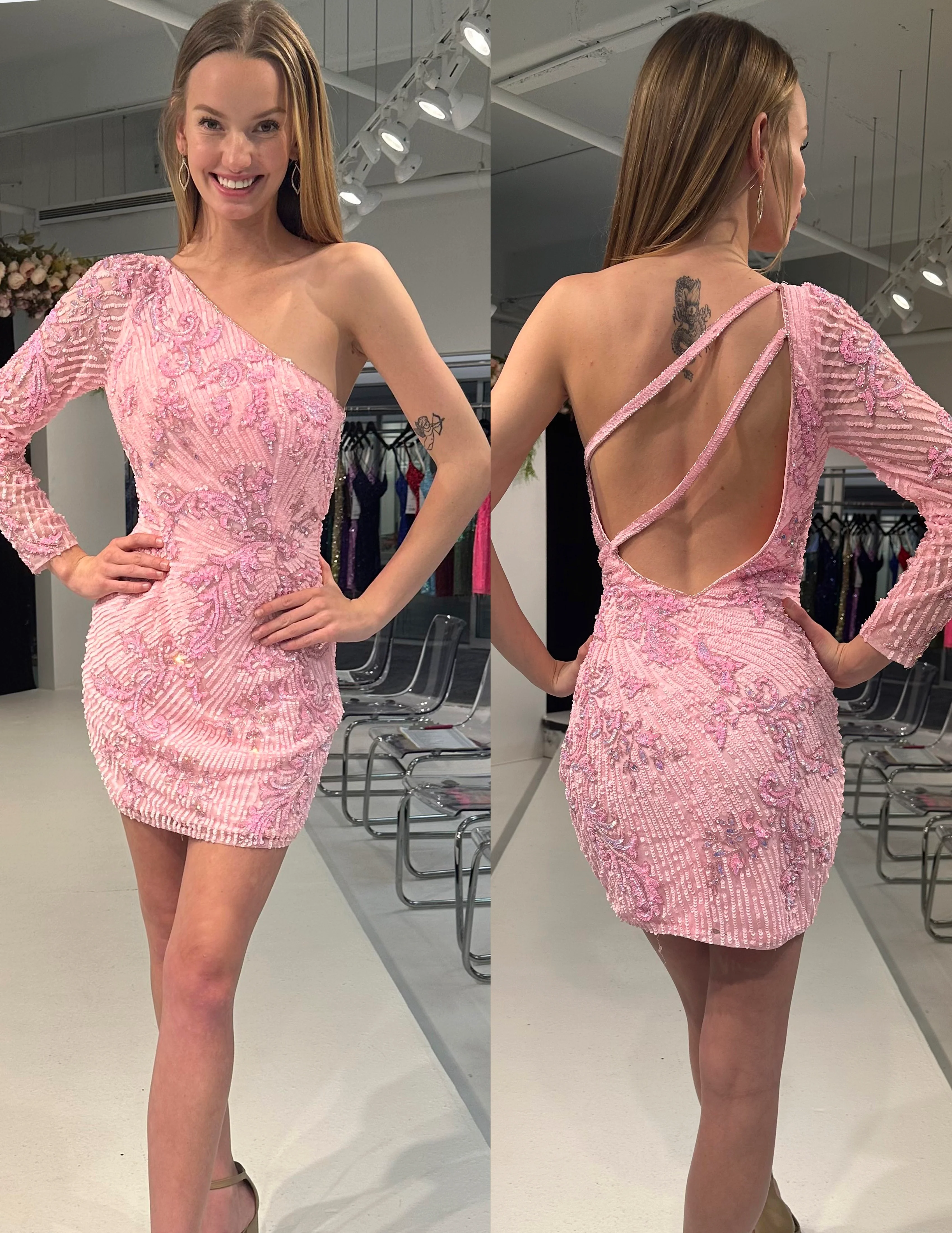 Primavera Couture 4024 Long Sleeve Cocktail Dress One Shoulder Beaded Sequin Homecoming Dress - Image 3