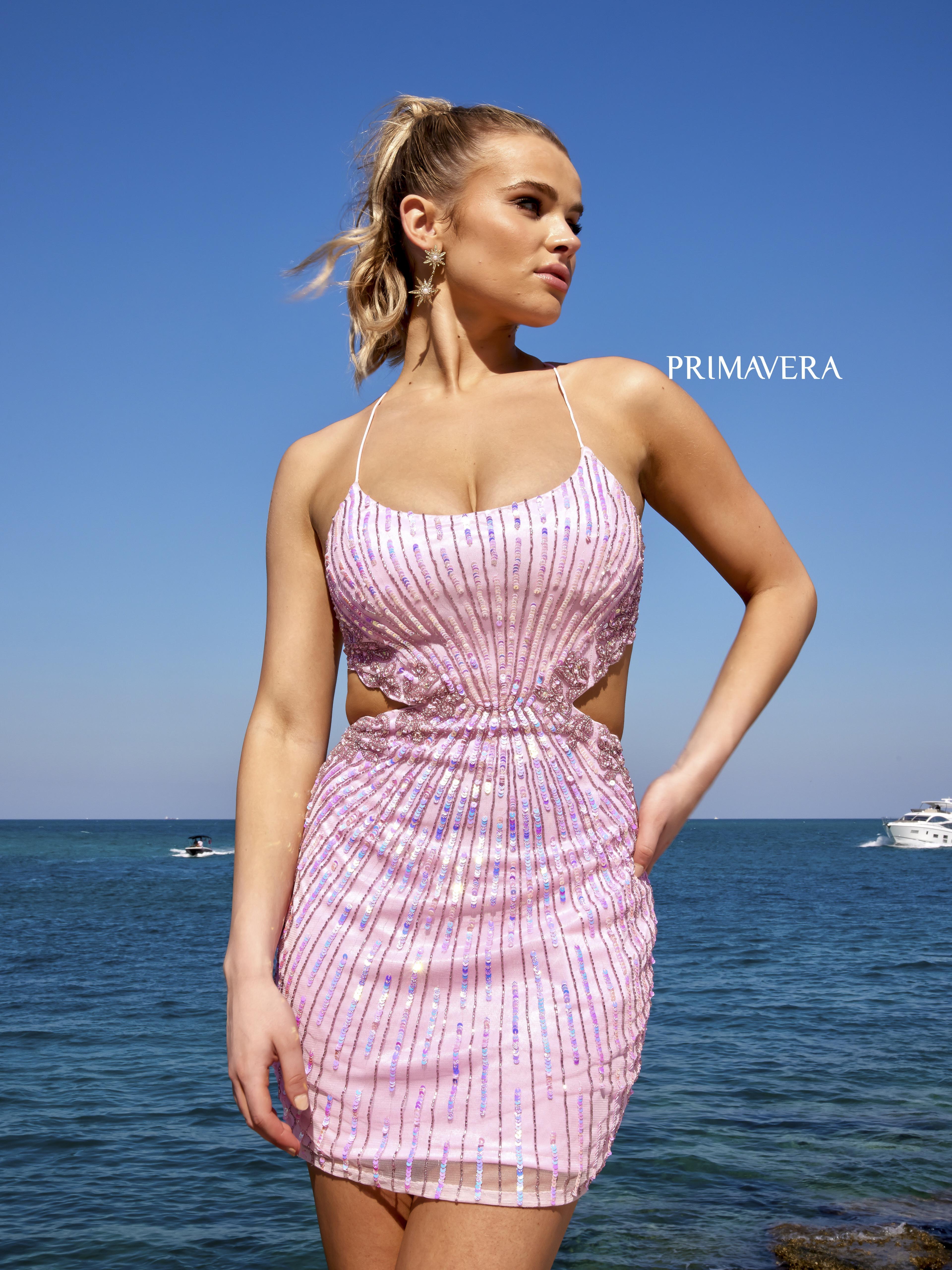 Primavera Couture 4025 Short Homecoming Cocktail Dress Sequin Design Side Cut Outs Scoop Neck Spaghetti Strap Open Tie Back - Image 5