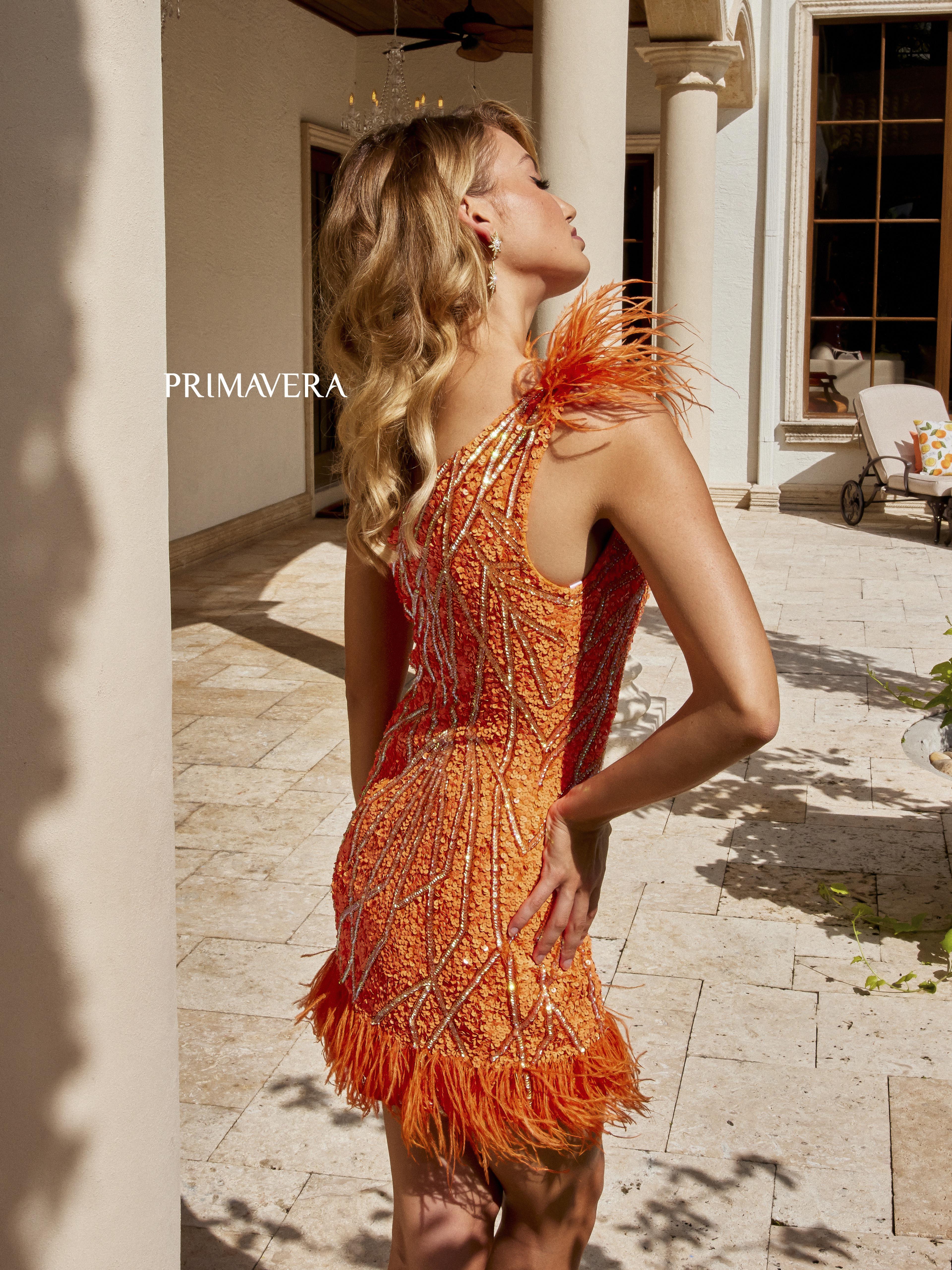 Primavera Couture 4029 One Shoulder Cocktail Dress Sequin Feather Embellishment on Bottom And Shoulder Homecoming Dress - Image 4