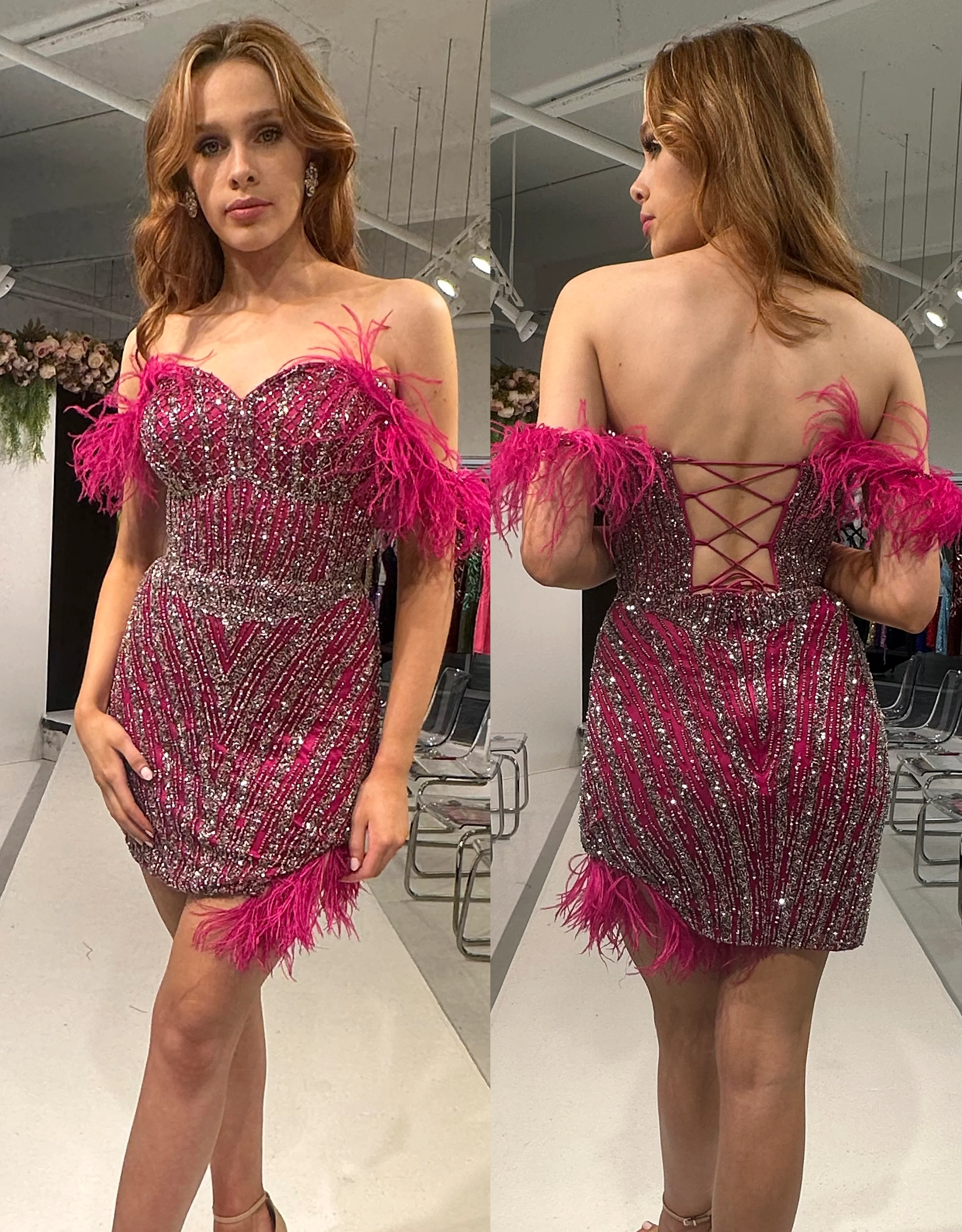 Primavera Couture 4058 Off The Shoulder Feather Detail Beaded Sequin Corset Feather Detailing on Bottom Short Fitted Homecoming Cocktail Dress - Image 6