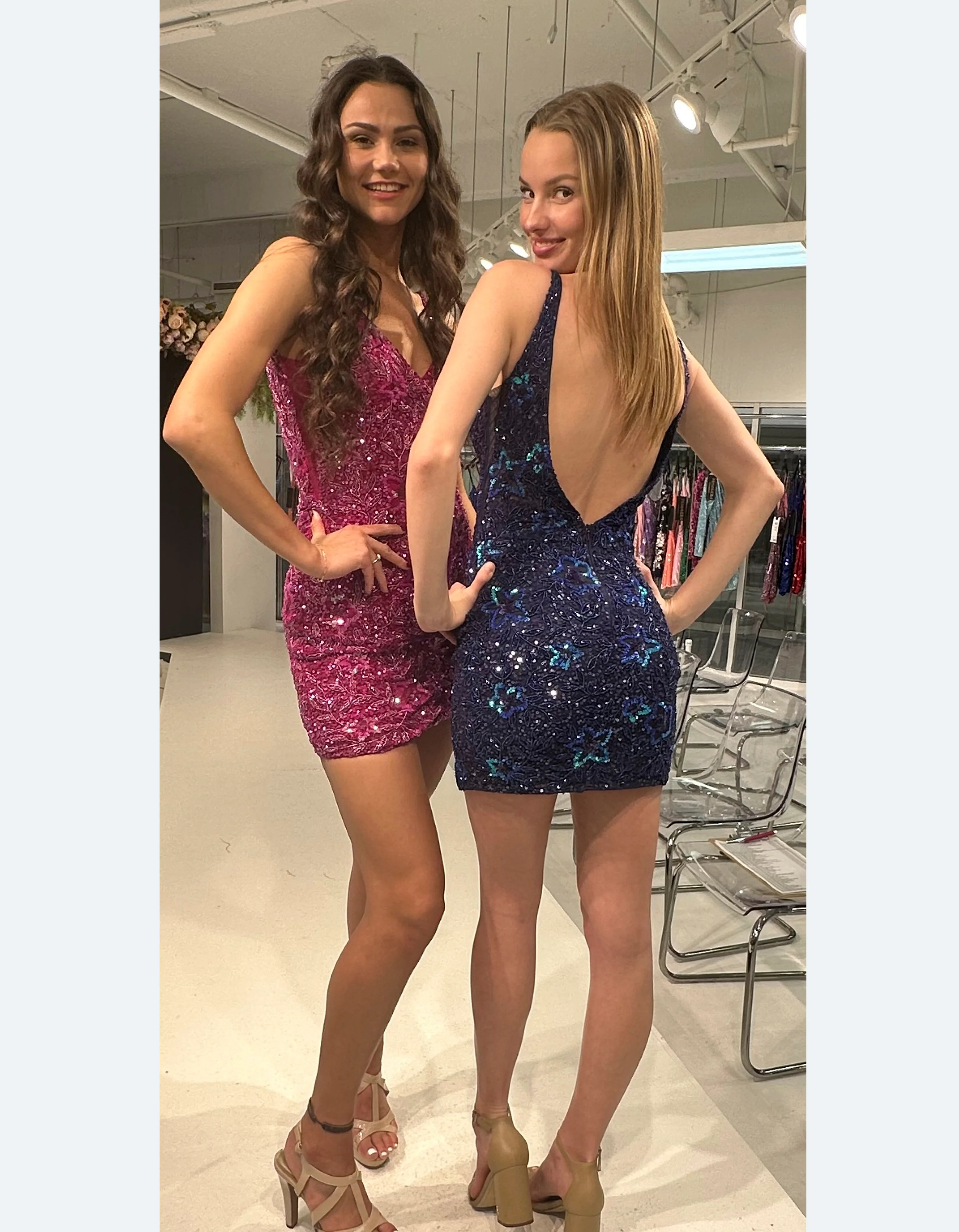 Primavera Couture 4061 Low V Back Beaded Floral Design With Sequin Flowers V-Neck Short Homecoming Cocktail Dress - Image 3