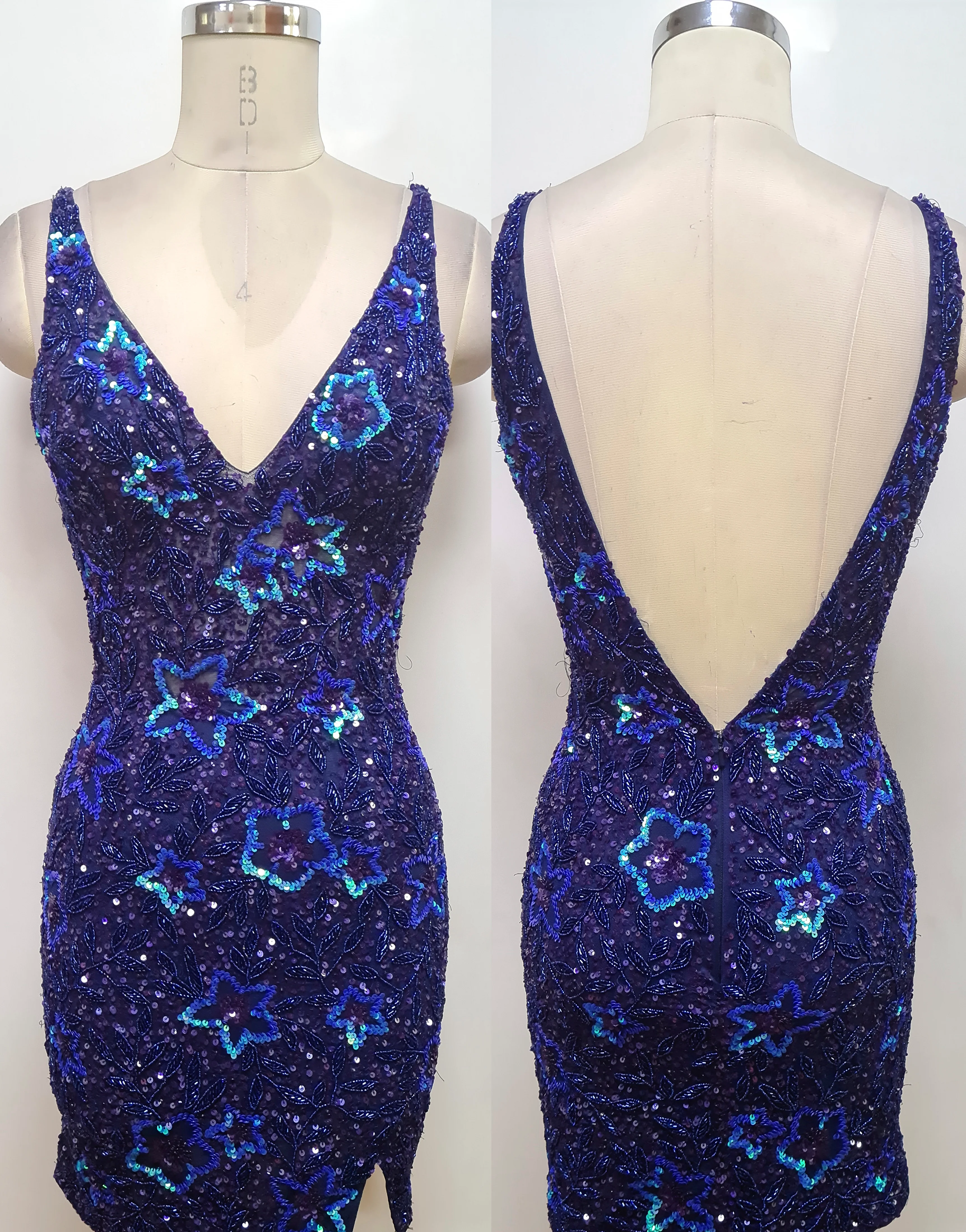Primavera Couture 4061 Low V Back Beaded Floral Design With Sequin Flowers V-Neck Short Homecoming Cocktail Dress - Image 8