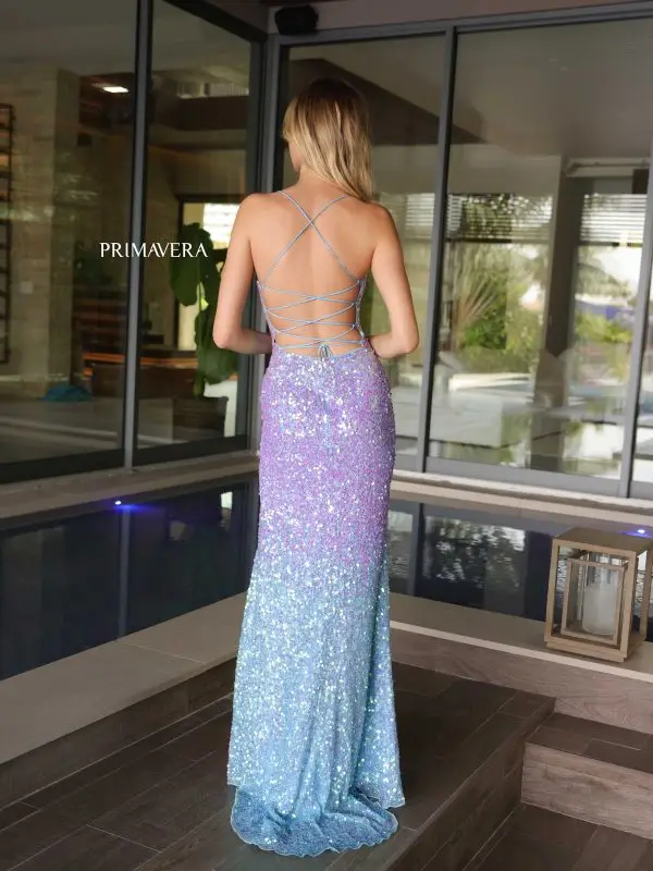 Primavera Couture 4102 Size 4 Crystal Blue Long Prom Dress Ombre Sequin Corset Fitted Scoop Neck High Slit Formal Pageant Gown - Image 2