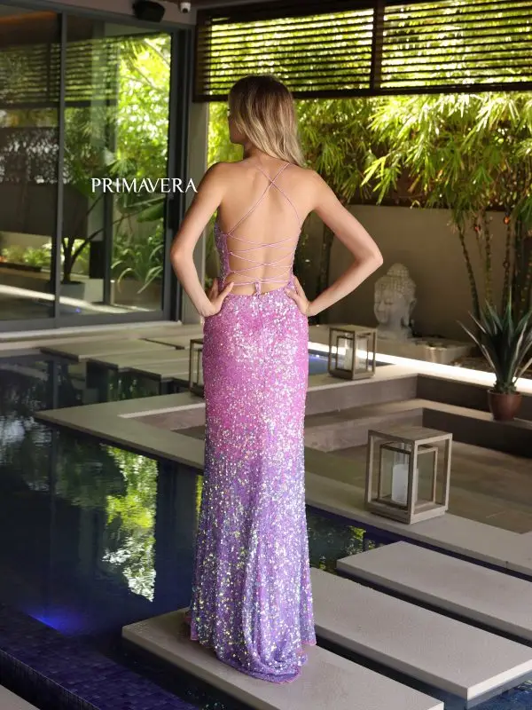 Primavera Couture 4102 Size 4 Crystal Blue Long Prom Dress Ombre Sequin Corset Fitted Scoop Neck High Slit Formal Pageant Gown - Image 6