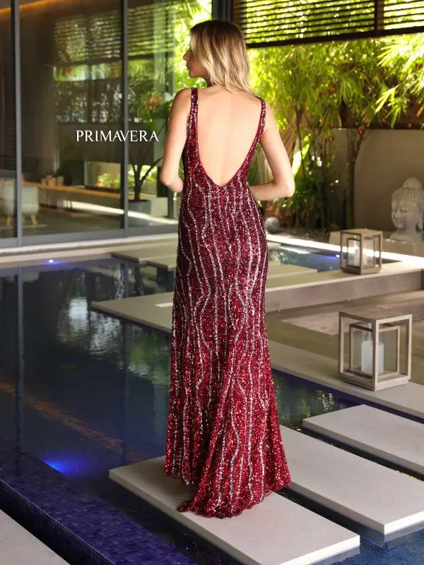 Primavera Couture 4103 Long Prom Dress Sequin Fitted High Slit V Neck Open V Back Formal Pageant Gown - Image 4