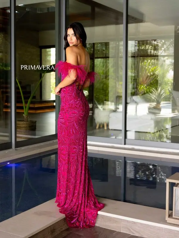 Primavera Couture 4105 Long Prom Dress Corset Off Shoulder Feather Sequin Beaded Fitted High Slit Formal Pageant Gown - Image 10