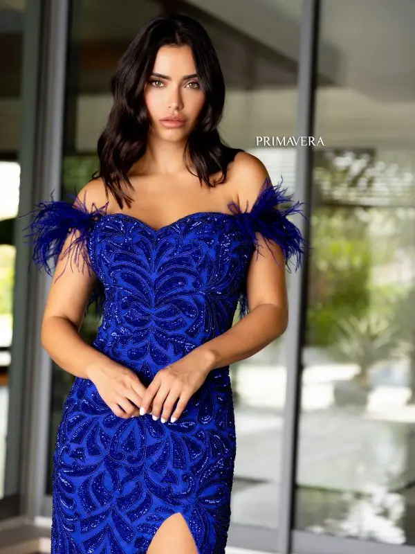 Primavera Couture 4105 Long Prom Dress Corset Off Shoulder Feather Sequin Beaded Fitted High Slit Formal Pageant Gown - Image 13