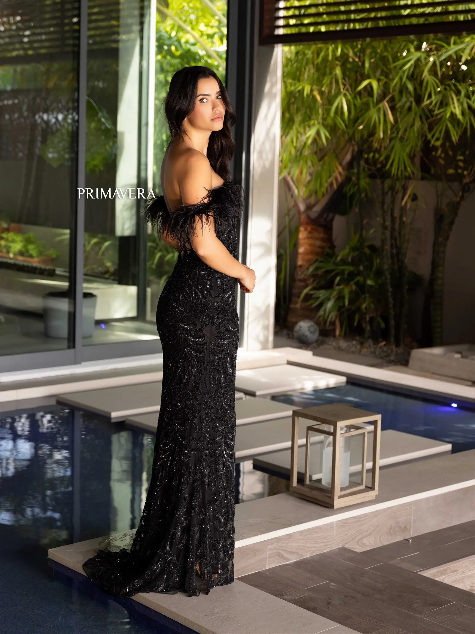 Primavera Couture 4105 Long Prom Dress Corset Off Shoulder Feather Sequin Beaded Fitted High Slit Formal Pageant Gown - Image 14