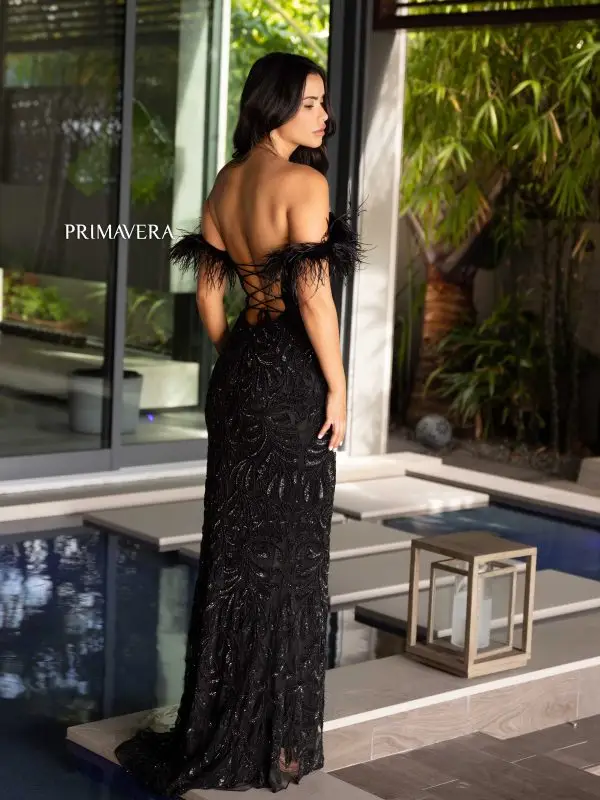 Primavera Couture 4105 Long Prom Dress Corset Off Shoulder Feather Sequin Beaded Fitted High Slit Formal Pageant Gown - Image 5