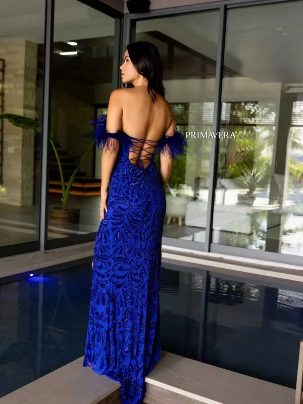 Primavera Couture 4105 Long Prom Dress Corset Off Shoulder Feather Sequin Beaded Fitted High Slit Formal Pageant Gown - Image 7