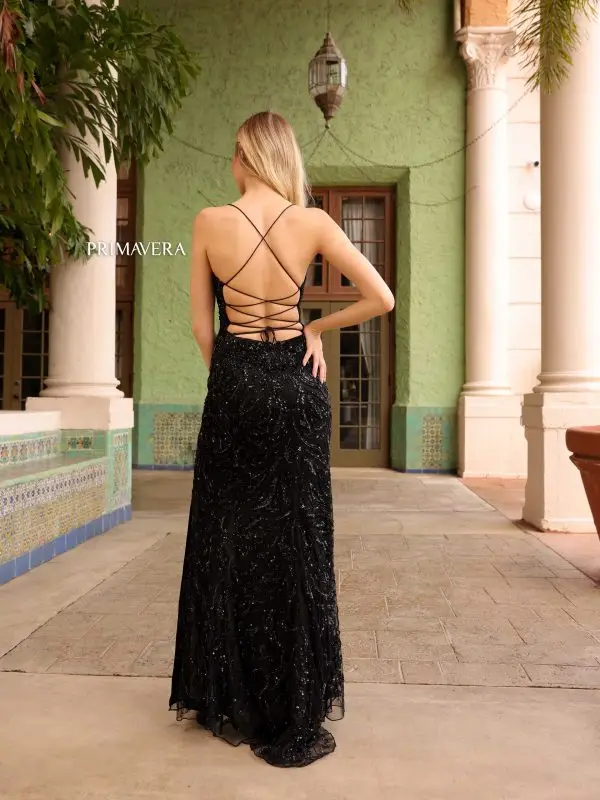 Primavera Couture 4107 Long Prom Dress Corset Fitted High Slit Sequin Beaded V Neck Formal Pageant Gown - Image 12