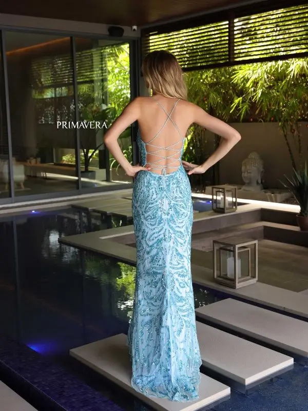 Primavera Couture 4107 Long Prom Dress Corset Fitted High Slit Sequin Beaded V Neck Formal Pageant Gown - Image 8
