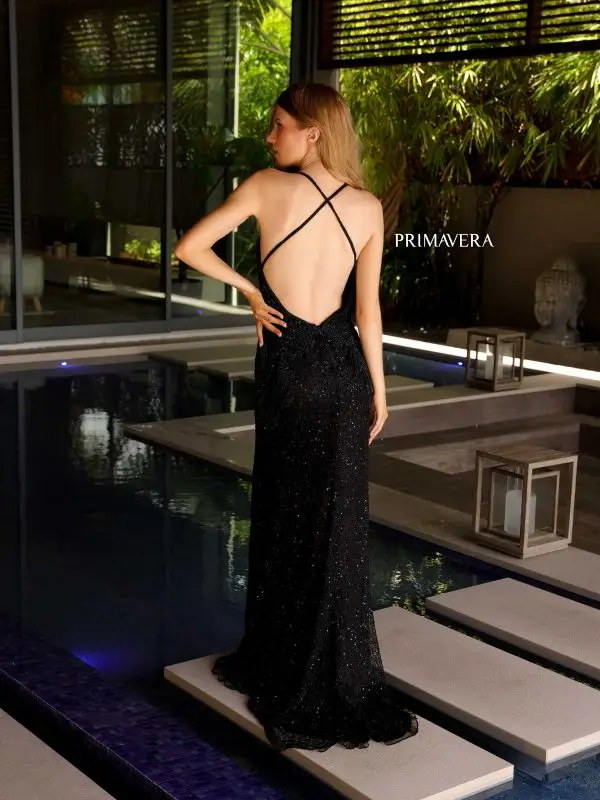 Primavera Couture 4109 Long Prom Dress Sequin Criss Cross Open  Back Fitted High Slit V Neck Formal Pageant Gown - Image 8