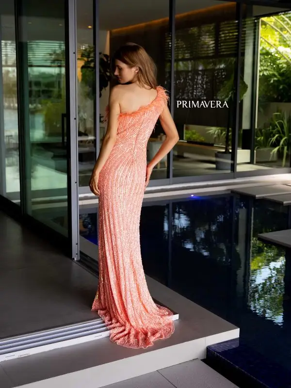Primavera Couture 4112 Size 10 Royal Long Prom Dress One Shoulder Feathers High Slit Sequin - Image 10
