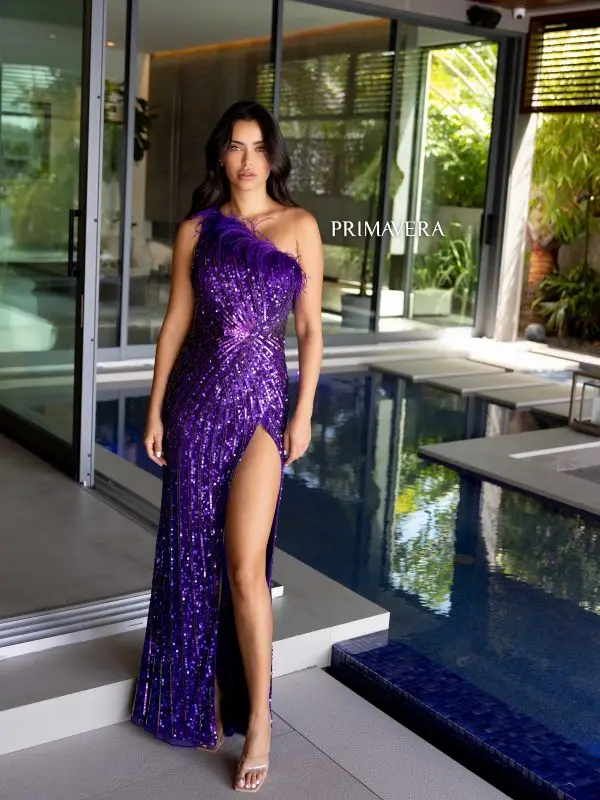 Primavera Couture 4112 Size 10 Royal Long Prom Dress One Shoulder Feathers High Slit Sequin - Image 11