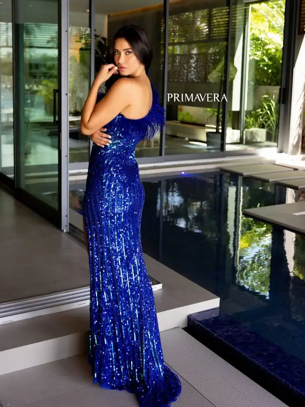 Primavera Couture 4112 Size 10 Royal Long Prom Dress One Shoulder Feathers High Slit Sequin - Image 3
