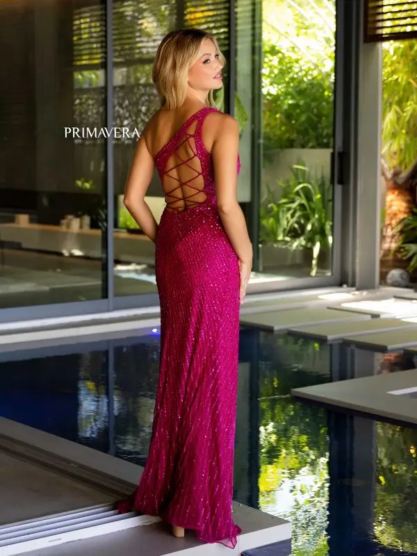 Primavera Couture 4120 Long Prom Dress Beaded Sequin One Shoulder Strappy Back High Slit Fitted Formal Pageant Gown - Image 4
