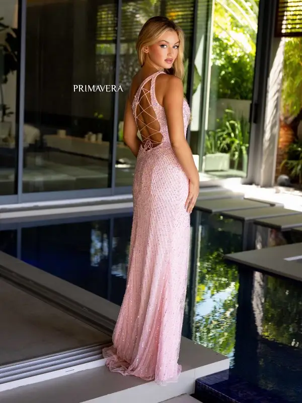 Primavera Couture 4120 Long Prom Dress Beaded Sequin One Shoulder Strappy Back High Slit Fitted Formal Pageant Gown - Image 5