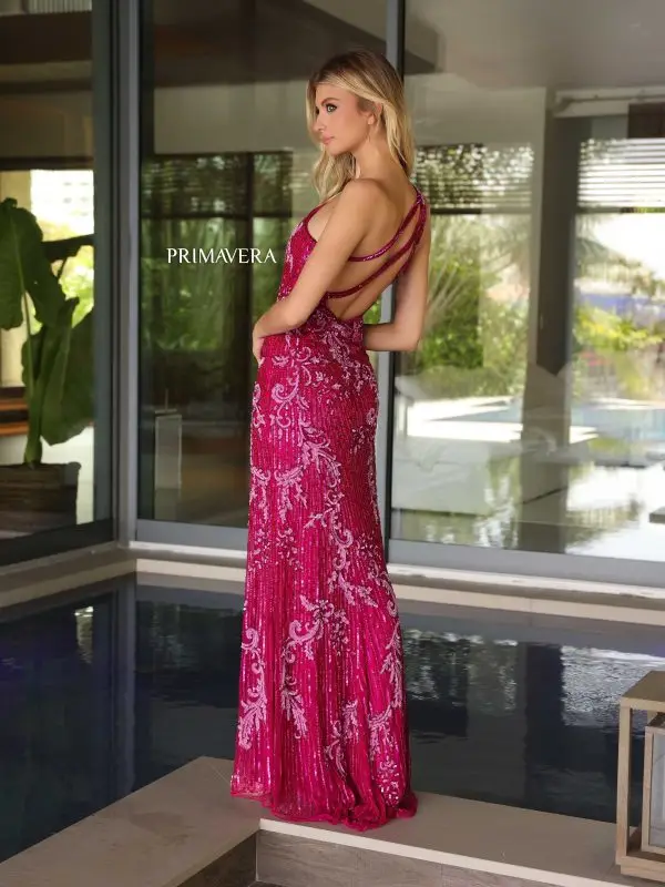 Primavera Couture 4124 Long Prom Dress Sequin Fitted High Slit Strappy Slanted Open Back Formal Pageant Gown - Image 3