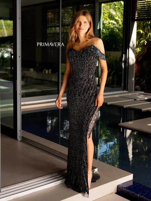 Primavera Couture 4127 Long Prom Dress Corset Off Shoulder Sequins Beaded Fringes High Slit Formal Pageant Gown