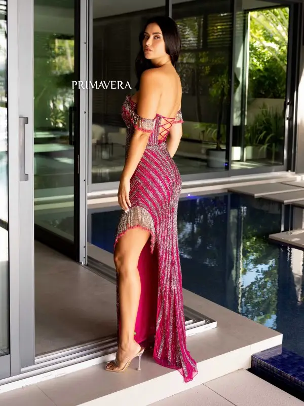 Primavera Couture 4127 Long Prom Dress Corset Off Shoulder Sequins Beaded Fringes High Slit Formal Pageant Gown - Image 3