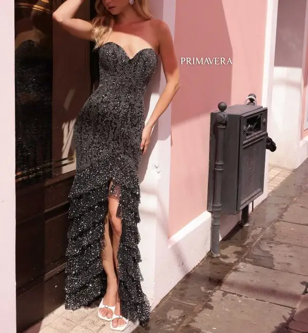 Primavera Couture 4128 Long Prom Dress Corset Sequins Fitted Ruffle Tiered Strapless Sweetheart Neckline Formal Pageant Gown - Image 2