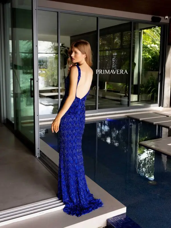 Primavera Couture 4129 Long Prom Dress Fringes Sequins Tank Straps Open Back Formal Pageant Gown - Image 11