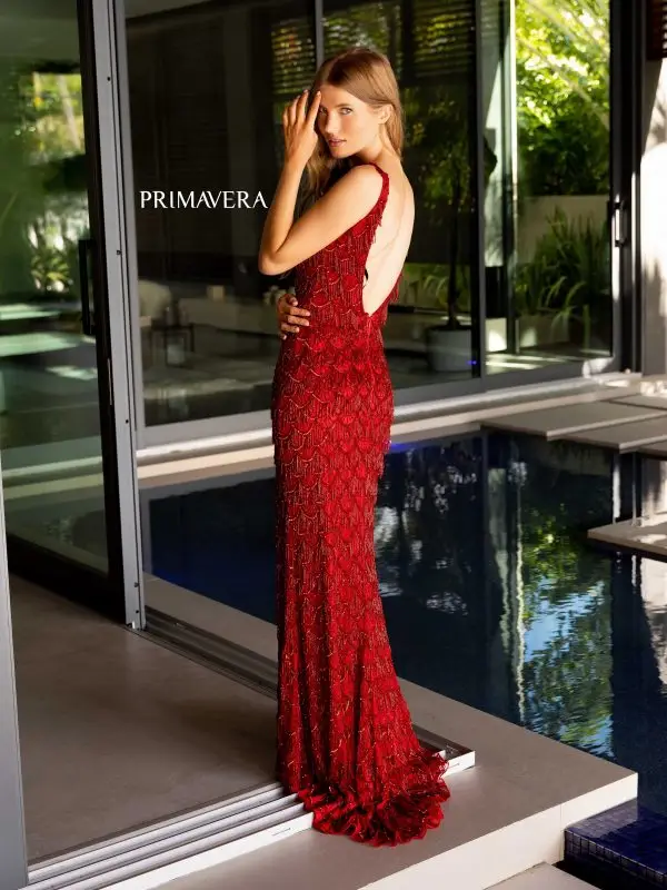 Primavera Couture 4129 Long Prom Dress Fringes Sequins Tank Straps Open Back Formal Pageant Gown - Image 6