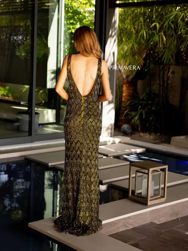 Primavera Couture 4129 Long Prom Dress Fringes Sequins Tank Straps Open Back Formal Pageant Gown - Image 7
