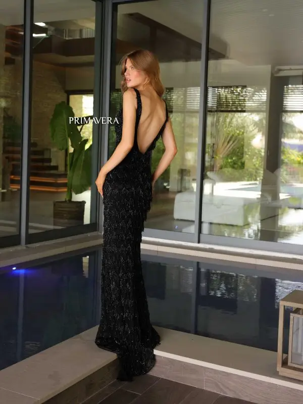 Primavera Couture 4129 Long Prom Dress Fringes Sequins Tank Straps Open Back Formal Pageant Gown - Image 8