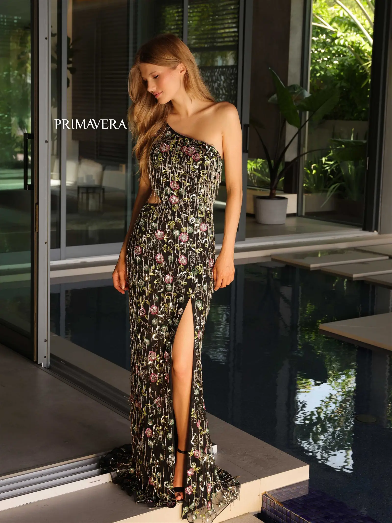 Primavera Couture 4131 Long Prom Dress Beaded Floral Side Cut Out Fitted Fringes Formal Pageant Gown - Image 3
