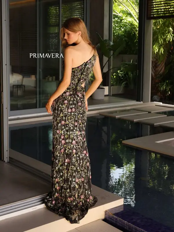 Primavera Couture 4131 Long Prom Dress Beaded Floral Side Cut Out Fitted Fringes Formal Pageant Gown - Image 5