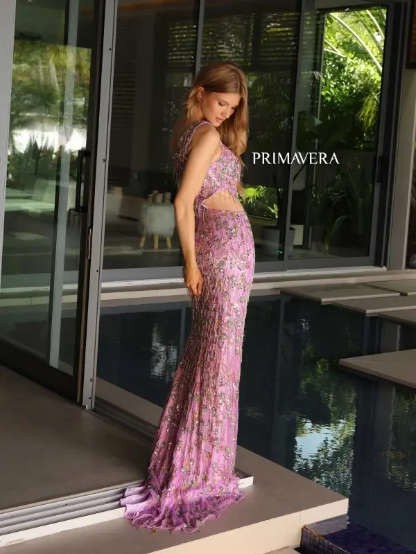 Primavera Couture 4131 Long Prom Dress Beaded Floral Side Cut Out Fitted Fringes Formal Pageant Gown - Image 7