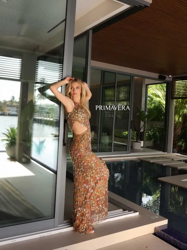 Primavera Couture 4131 Long Prom Dress Beaded Floral Side Cut Out Fitted Fringes Formal Pageant Gown - Image 8