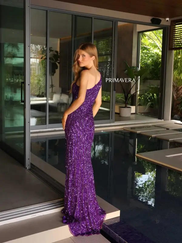 Primavera Couture 4133 Size 6 Orchid Asymmetrical Neck And Back Sequins High Side Slit Formal Pageant Gown - Image 9