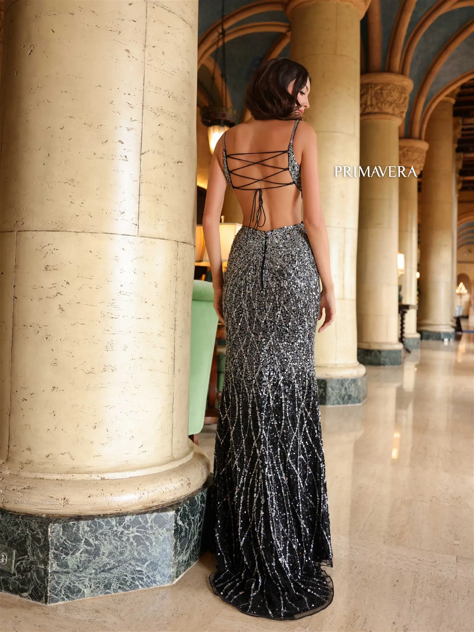 Primavera Couture 4136 Sequin Cutout Backless Corset Prom Dress Slit Ombre Beaded Gown - Image 10
