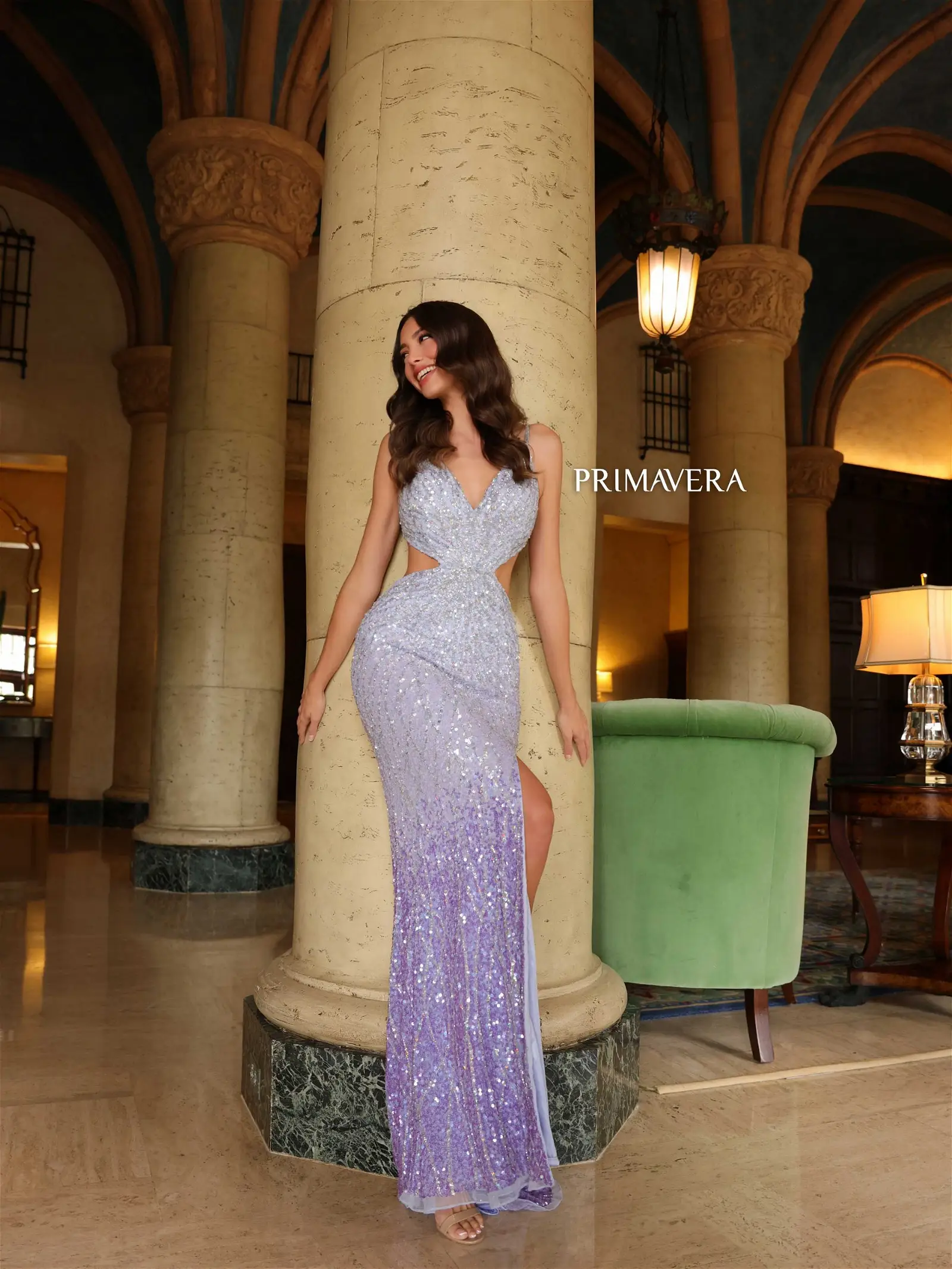 Primavera Couture 4136 Sequin Cutout Backless Corset Prom Dress Slit Ombre Beaded Gown - Image 7