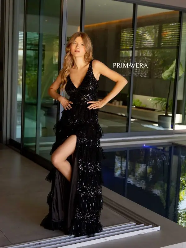 Primavera Couture 4142 Long Prom Dress Sequin Fitted High Slit Open Low Back Layered Ruffle Formal Pageant Gown - Image 3