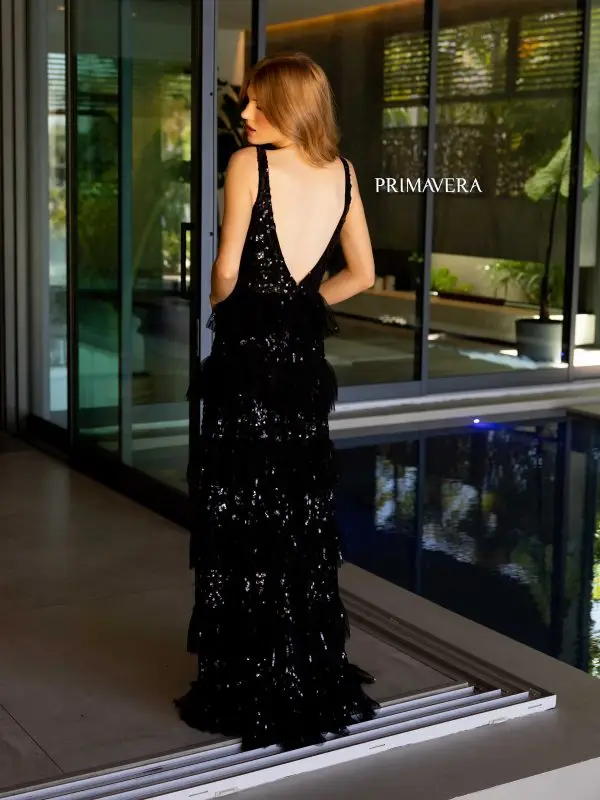 Primavera Couture 4142 Long Prom Dress Sequin Fitted High Slit Open Low Back Layered Ruffle Formal Pageant Gown - Image 4