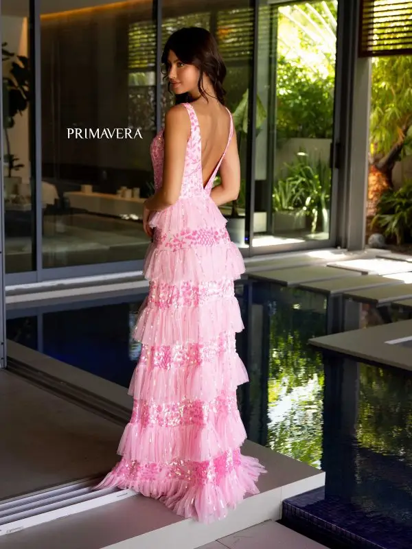 Primavera Couture 4142 Long Prom Dress Sequin Fitted High Slit Open Low Back Layered Ruffle Formal Pageant Gown - Image 5