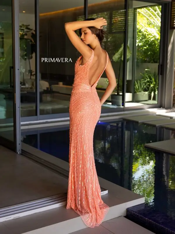 Primavera Couture 4143 Long Prom Dress Sequin V Neck High Slit Open Low Back Formal Pageant Gown - Image 4