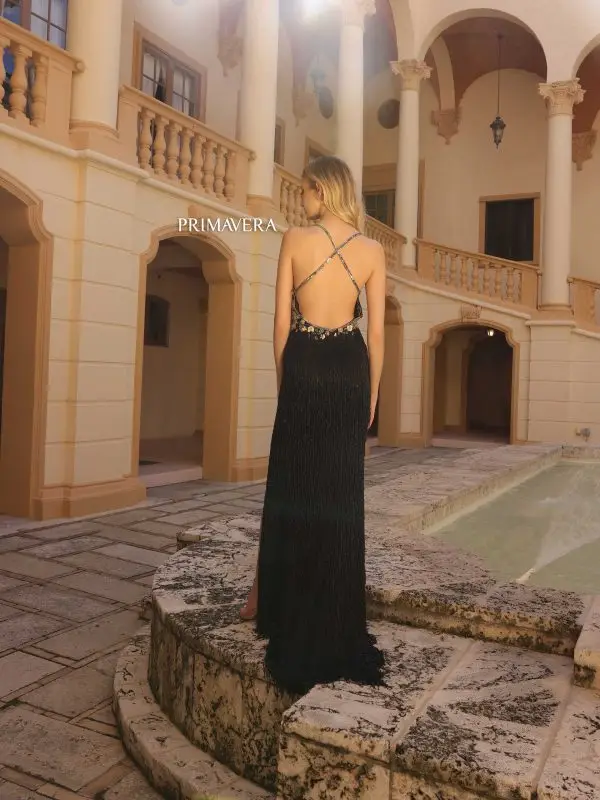 Primavera Couture 4145 Long Prom Dress Beaded Floral Fitted Fringe Skirt High Slit V Neck Formal Pageant Gown - Image 4