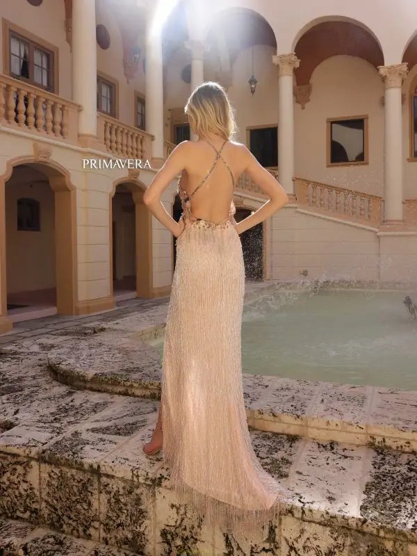 Primavera Couture 4145 Long Prom Dress Beaded Floral Fitted Fringe Skirt High Slit V Neck Formal Pageant Gown - Image 6