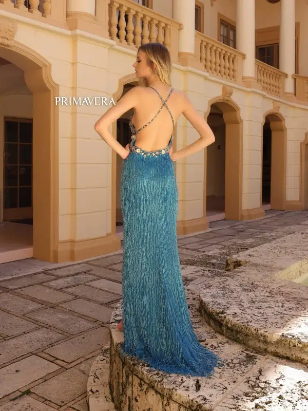 Primavera Couture 4145 Size 4 Blush Long Prom Dress Beaded Floral Fitted Fringe Skirt High Slit V Neck Formal Pageant Gown - Image 7