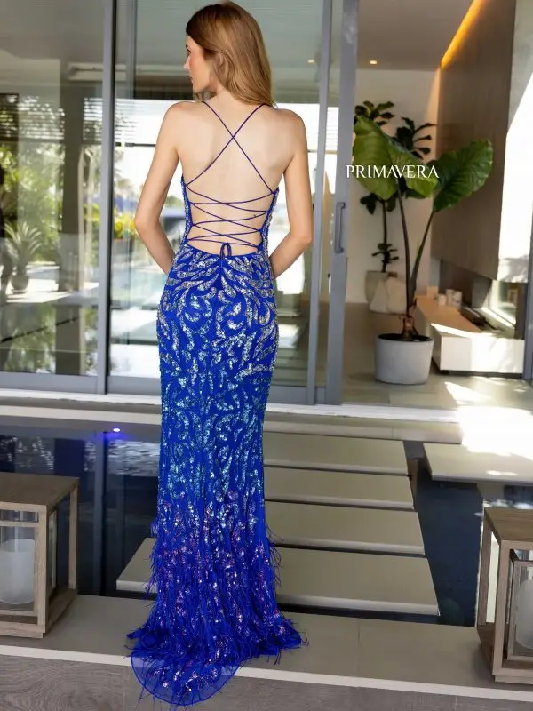 Primavera Couture 4147 Long Prom Dress Fitted Lace Up Back Sequin Feathers Scoop Neck High Slit Formal Pageant Gown - Image 4