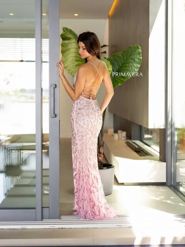 Primavera Couture 4147 Long Prom Dress Fitted Lace Up Back Sequin Feathers Scoop Neck High Slit Formal Pageant Gown - Image 7