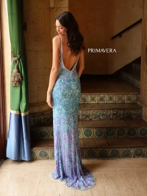 Primavera Couture 4150 Long Prom Dress Beaded Fitted High Slit Open Back Sequin V Neck Formal Pageant Gown - Image 12