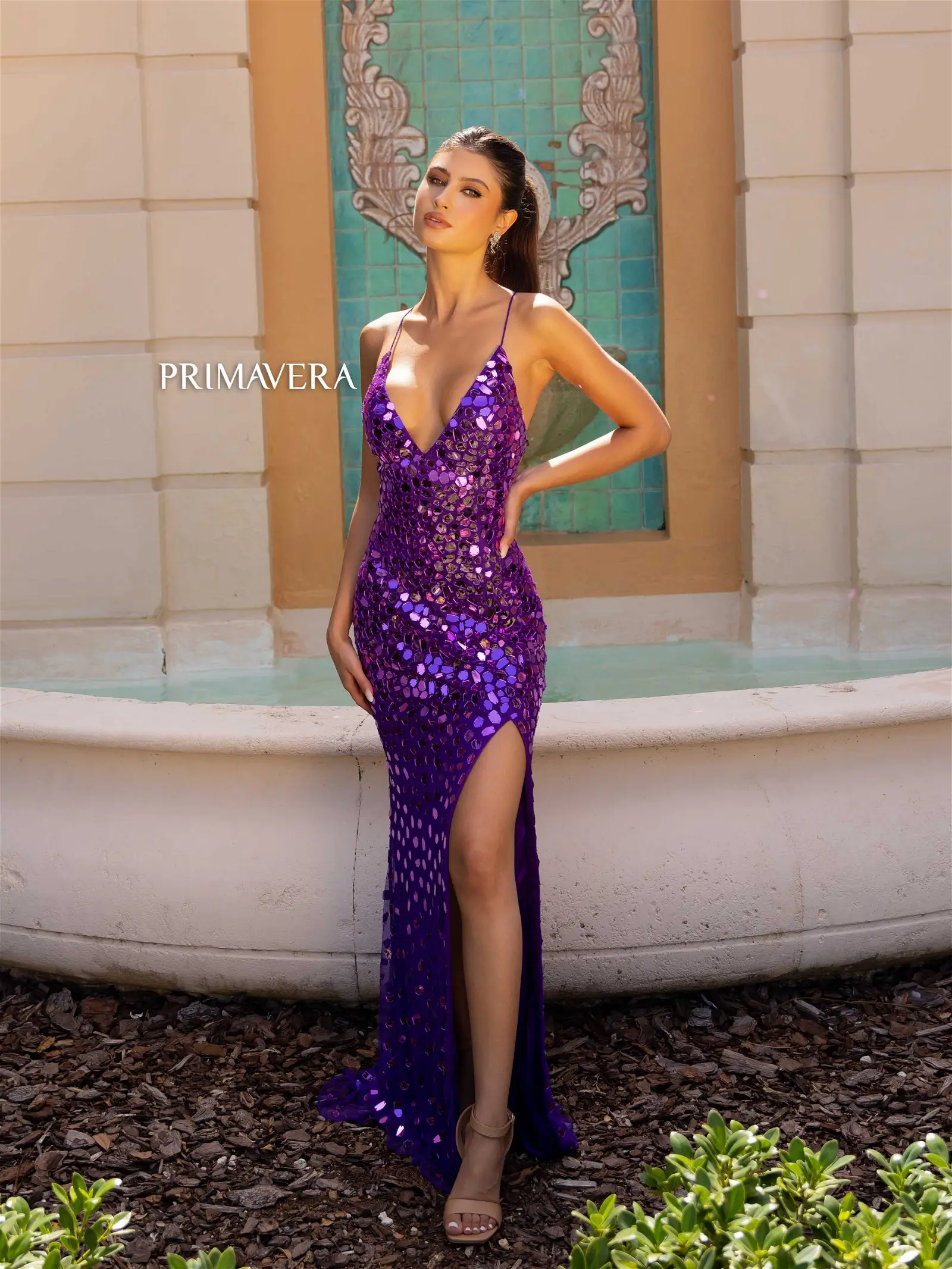 Primavera Couture 4151 Size 4 Purple Long Prom Dress Fitted Glass Cut Beads Lace Up Back V Neck Formal Pageant Gown