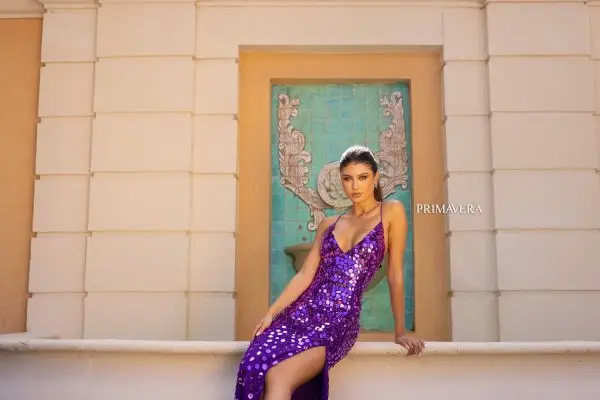 Primavera Couture 4151 Size 4 Purple Long Prom Dress Fitted Glass Cut Beads Lace Up Back V Neck Formal Pageant Gown - Image 3